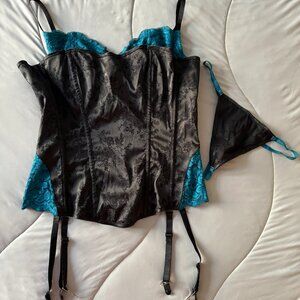 Black Bustier Floral Pattern Peek-a-Boo Teal Lace Bra Garter Straps